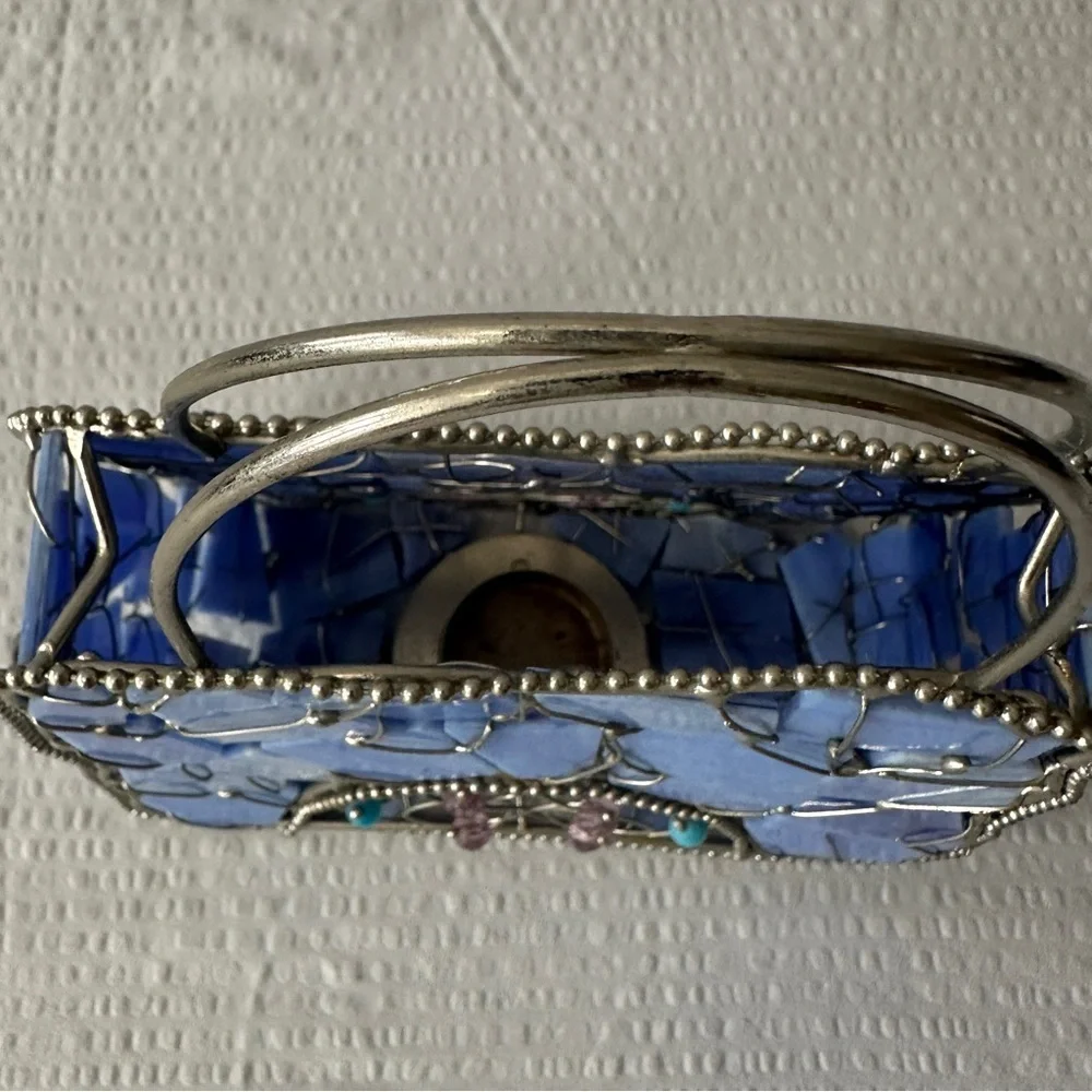 Vintage Blue Stained Glass Handbag Tea Light Holder Mosaic Purse Art Decor Boho